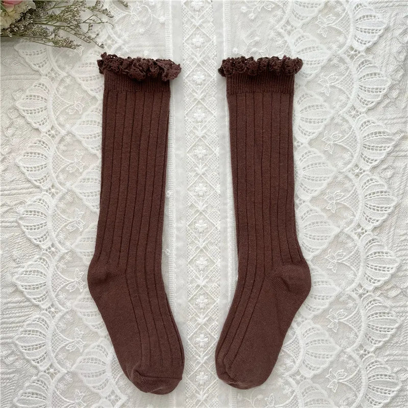 Ruffle Kids Knee High Socks Baby Girls Toddlers Long Soft Cotton Sock Lace Flower Children School Uniform Socks For 0-8Years