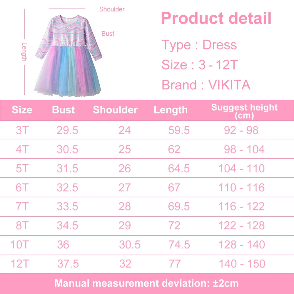 VIKITA Girls Autumn Spring Long Sleeve Dress Kids Rainbow Print Striped Dresses Girls Casual Daily Travel Princess Vestidos