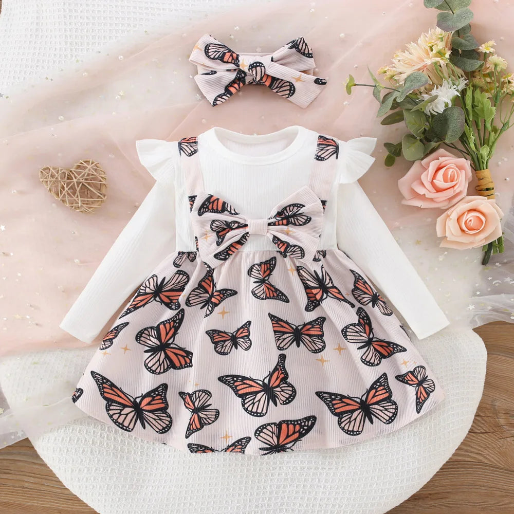 Spring And Autumn New White Long Sleeve Baby Girl Dress, Cute Butterfly Children'S Clothing (6 Months -3 Years Old)