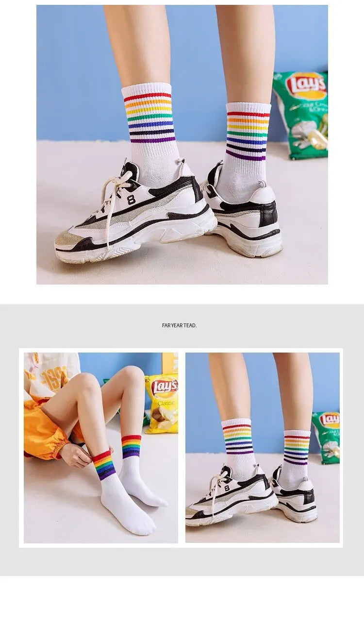 Socks Womens Medium Tube Autumn Ins Trendy Thin Ttriped Rainbow Socks Japanese Cute Candy Color High Top Stocking