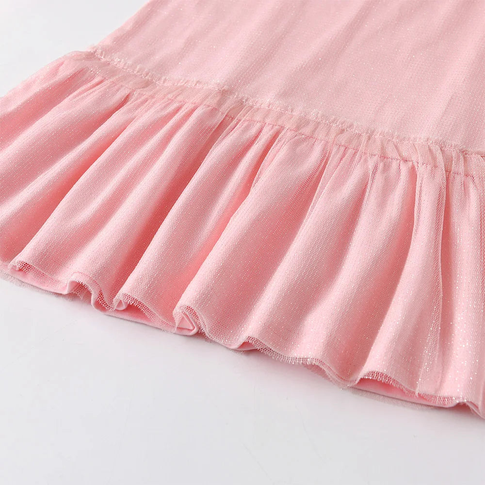 VIKITA Children Cotton Casual Dresses Kids Pink Ruffles Dress Girls Autumn Spring Long Sleeve Straight Dress with Bowknot 3-8 Y