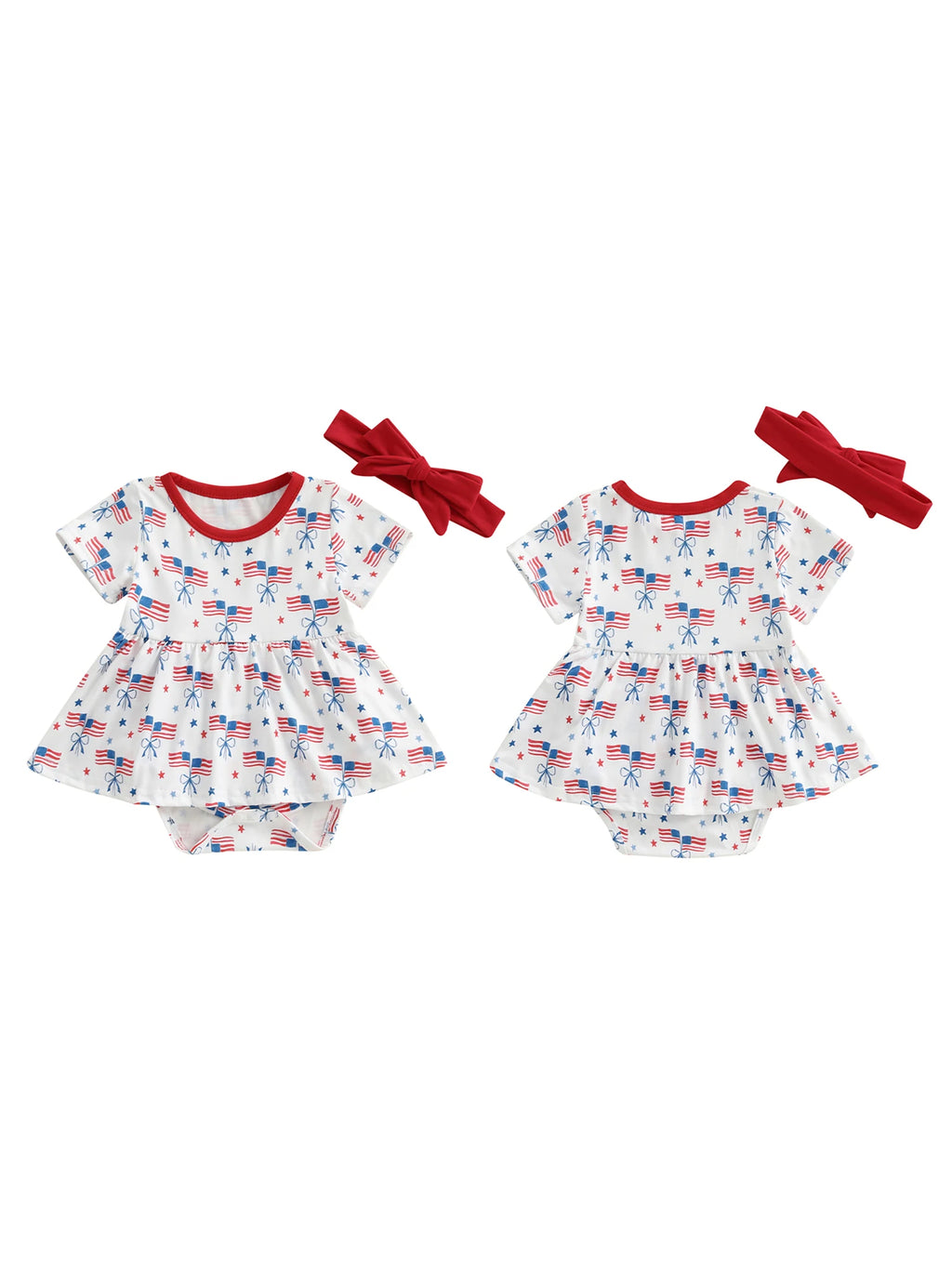 Infant Girls Patriotic Romper Dress with Bow Headband American Flag Print Short Sleeve Summer Outfit Jumpsuit for Independence
