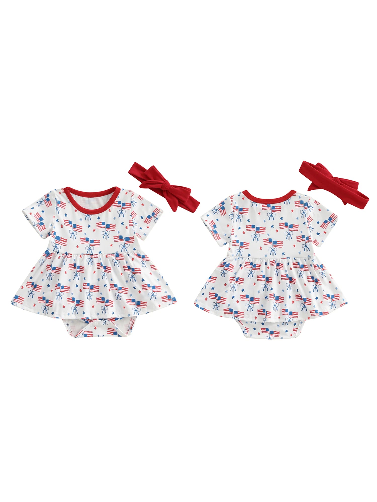Infant Girls Patriotic Romper Dress with Bow Headband American Flag Print Short Sleeve Summer Outfit Jumpsuit for Independence