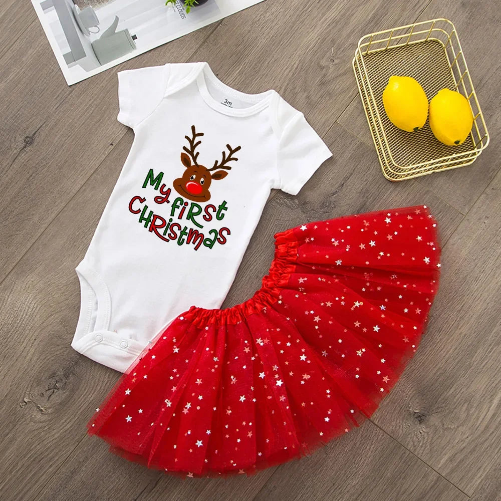 My First Christmas Newborn Girl Red Romper Jumpsuit Baby Girl Casual Short Sleeve Toddler Cake Dresses Christmas Best Gifts