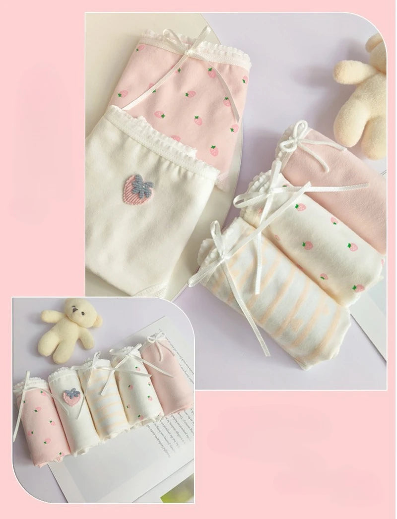 5PCS Girls Cotton Soft Antibacterial Briefs Kids Pink Strawberry Print Knickers 7+y Young Children Breathable Comfort Underwears