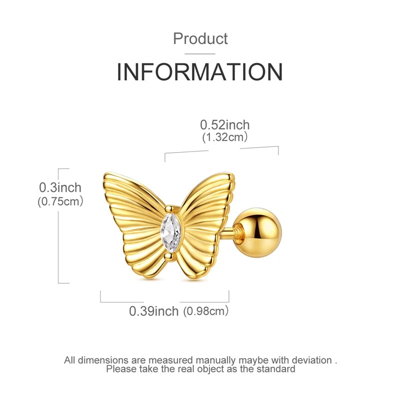 Fashion 925 Sterling Silver Plated Gold Clover Bowknot Butterfly Cartilage Puncture Spiral Bead Stud Earring For Women Ins Style