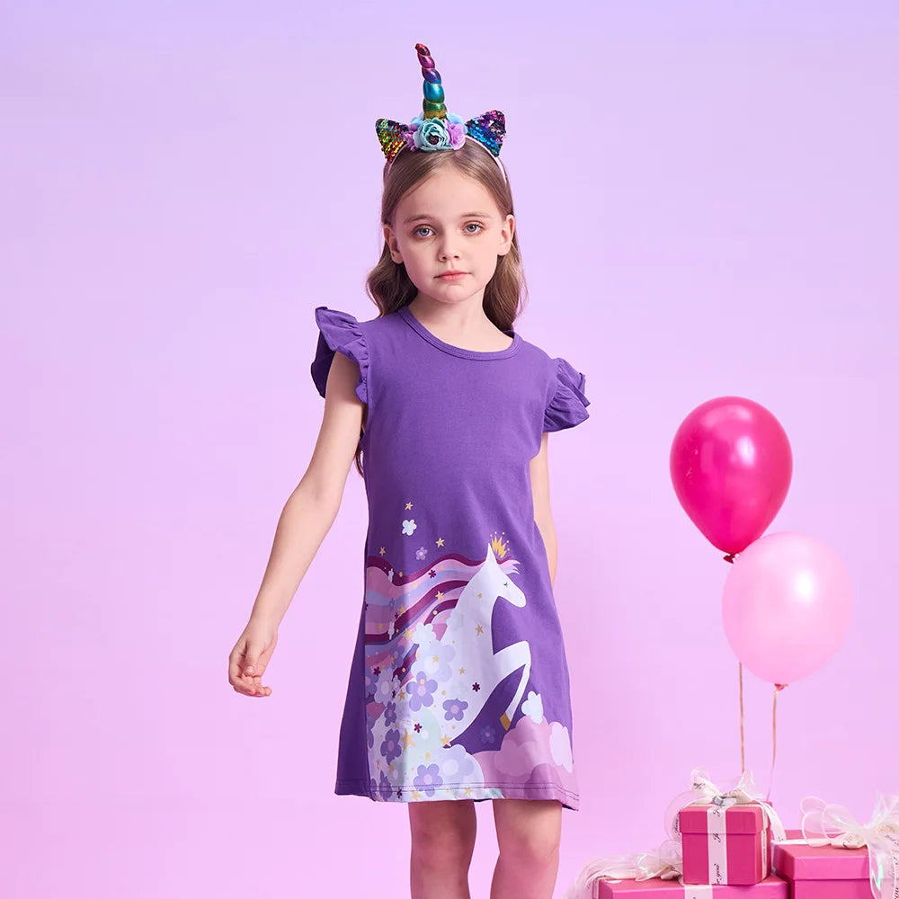 VIKITA Girls Flare Sleeve Summer Dress Kids Cotton Casual Licorne Flower Print Purple Princess Straight Dress Children Clothing