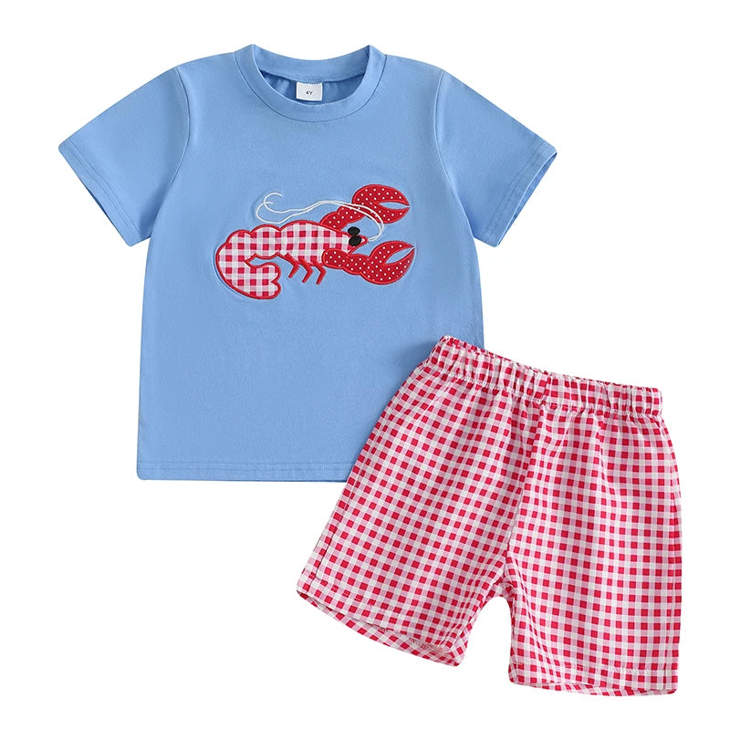 Children s Boys Summer Clothing Set with Cute Lobster Embroidered Short-Sleeve T-Shirt and Elastic Waist Shorts 2-Piece Outfit