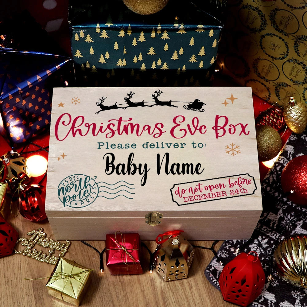 Personalized Christmas Eve Box Custom Xmas Gift Wood Box Boys Girls Cute Christmas Present Box Kids Santa Holiday Gifts Box