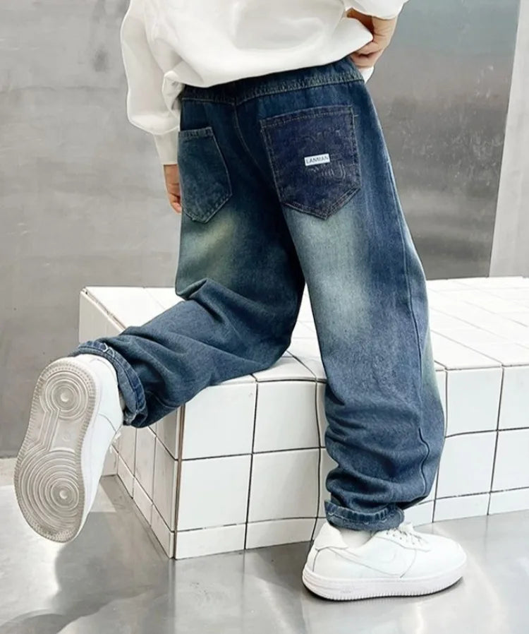 2025 New Boys' Loose Fit Jeans for Kids - Korean Style Washed Denim Long Pants, Trendy & Comfortable