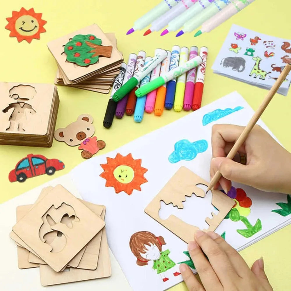 20pcs Montessori Kids Toys Drawing Toys Wooden DIY Painting Template Stencils Learning Educational Toys for Children Gift