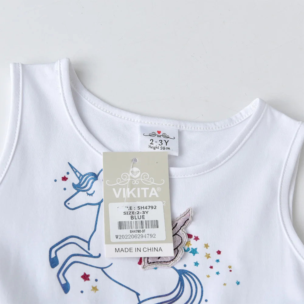 VIKITA Girls Sleeveless Summer Navy Blue Dress Toddlers Patchwork Fashion Cute Licorne Star Shiny Mesh Vacation Dresses 7-12 Yrs