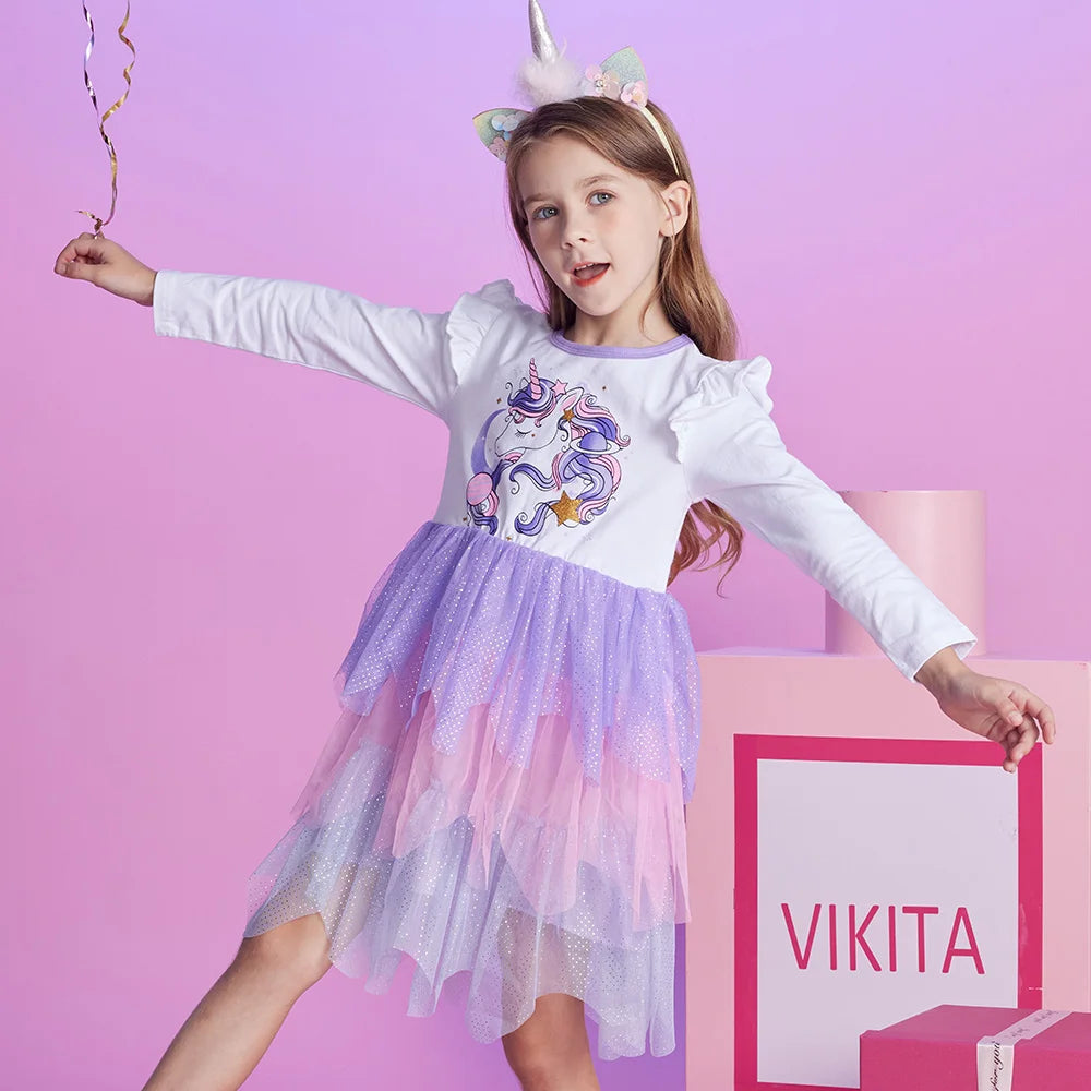 VIKITA Winter Children Dresses Unicorn Kids Princess Tutu Dress Irregular Prom Costume Long Sleeve Birthday Party Girls Clothes