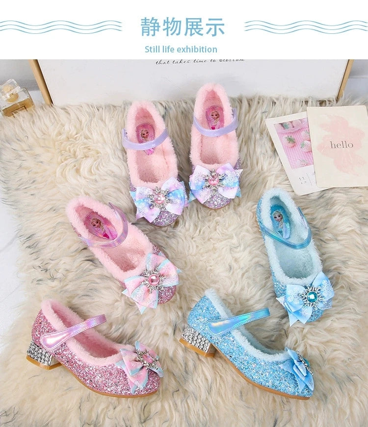Disney Elsa Girls' High Heel Bowknot Blue Pink Fashion Children's Girl Crystal Princess Warm Winter Shoes Gift Size 23-36