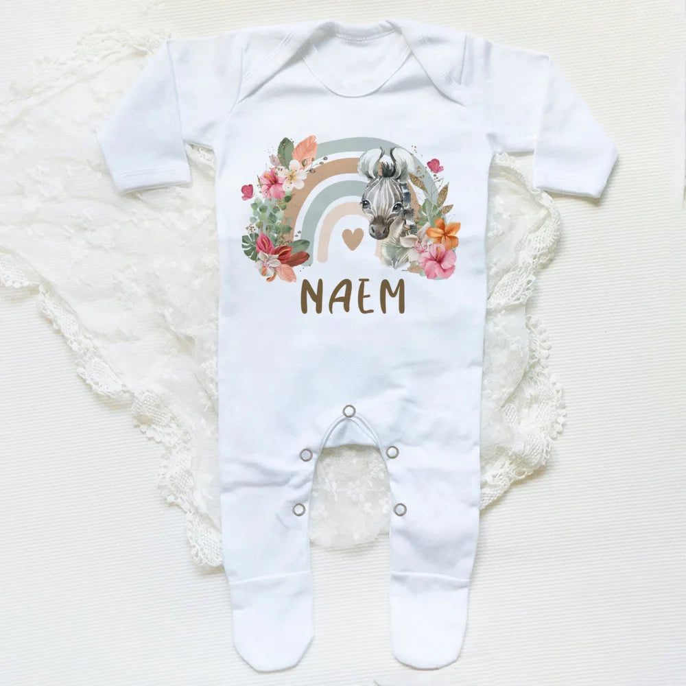 Personalised Forest Animal Rainbow Babygrow Sleepsuit Custom Name Infant Sleepsuit Baby Coming Home Outfit Newbron Shower Gift