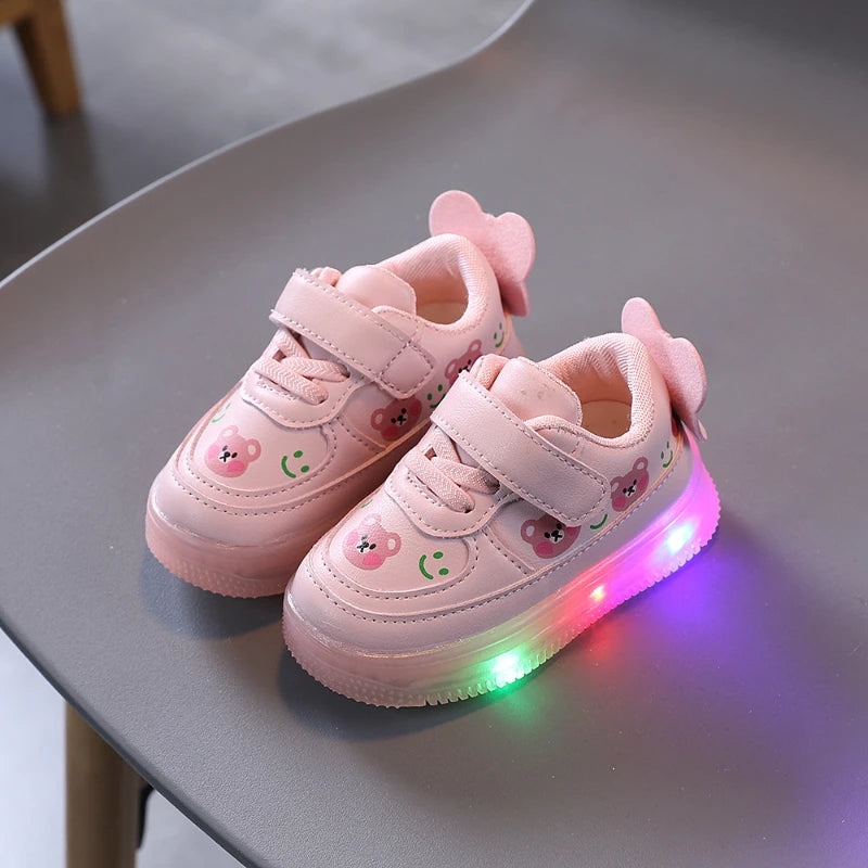 Disney LED Casual Sneakers For Spring Outdoor Cartoon Shoes Children Lighted Non-slip PU Leather Bear White Shoes Size 21-30