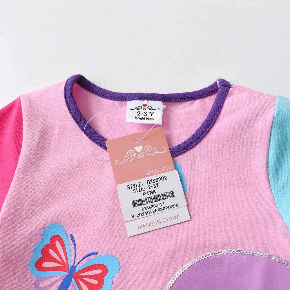 VIKITA Girls Tops and Tees for Summer Kids Butterfly Print Cartoon T Shirts Girls O Neck Short Sleeve Cotton Casual Daily Tees