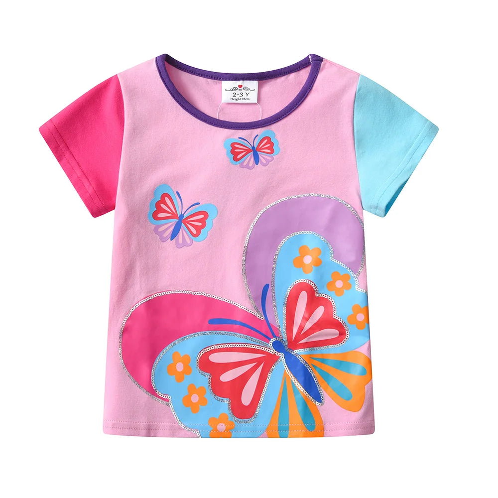 VIKITA Girls Tops and Tees for Summer Kids Butterfly Print Cartoon T Shirts Girls O Neck Short Sleeve Cotton Casual Daily Tees