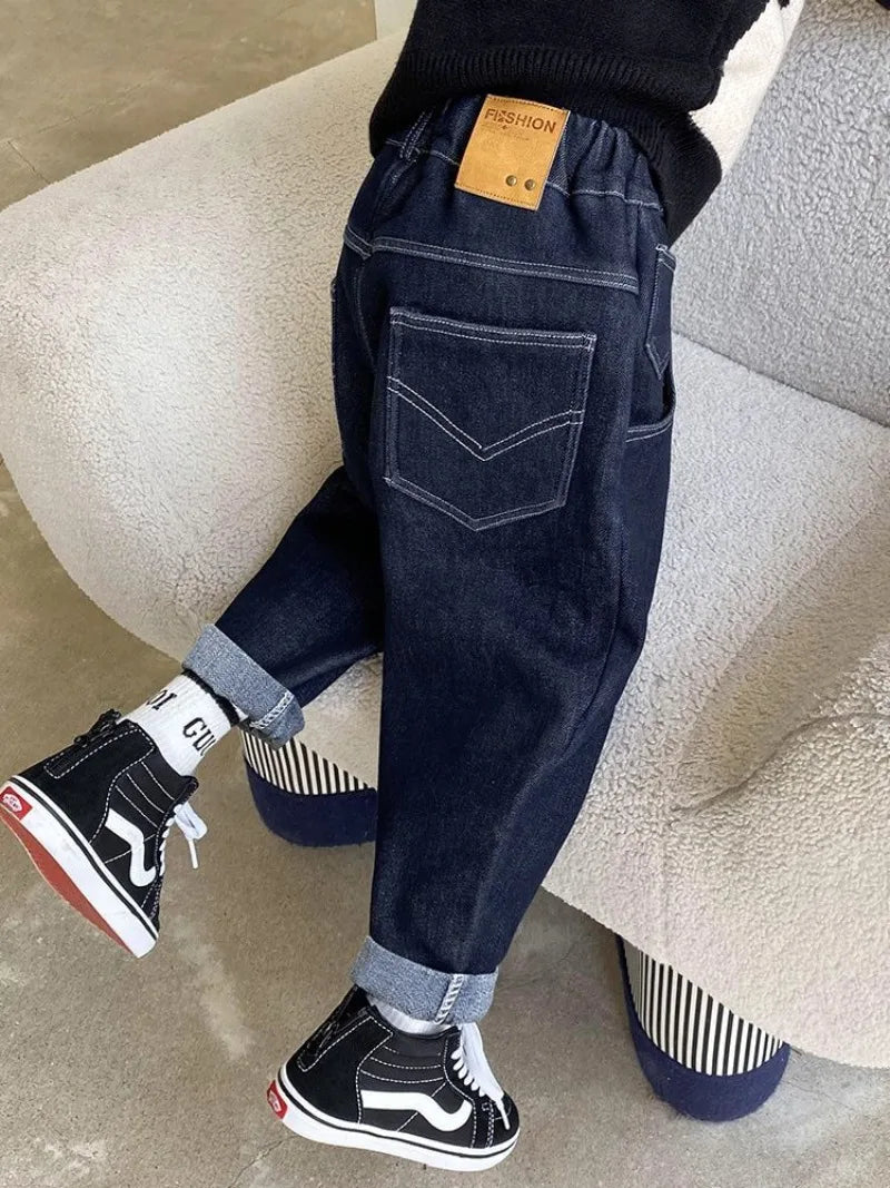 2025 New Boys' Fleece-Lined Jeans for Big Kids - Spring Autumn Autumn Long Pants Kids' Clothing