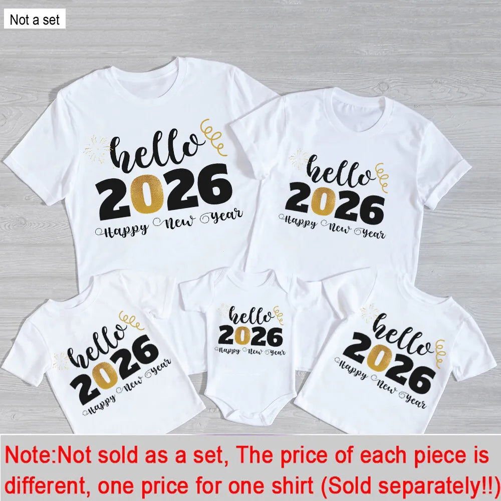 Hello 2026 Happy New Year Family Matching Outfits Dad Mom and Daughter Son Tshirt Baby Romper Family Look New Year's Clothes
