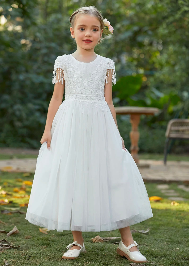 Christmas Girl's New Bohemian Style Lace Tassel Flower Backless Solid Color Fashionable and Atmospheric Gathering Mesh Dress