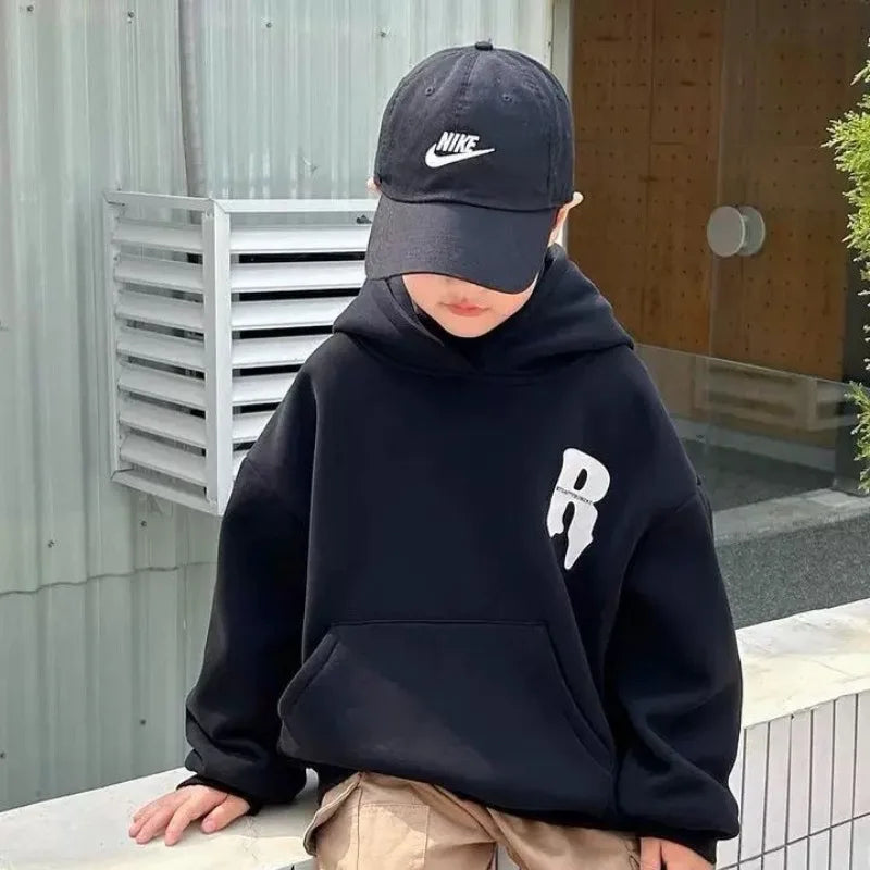 2025 New Boys' Mid-Large Maillard Fleece-Lined Hooded Hoodie - Stylish Autumn Winter Spring Kids' Top