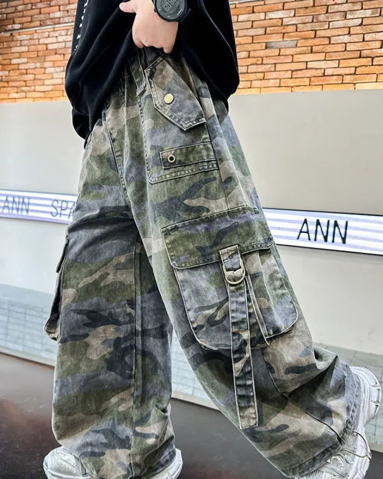 2025 New Boys Autumn Camouflage Tactical Pants - Kids Cargo Pants with Multiple Pockets, Trendy & Comfortable for 8-14 Years Old