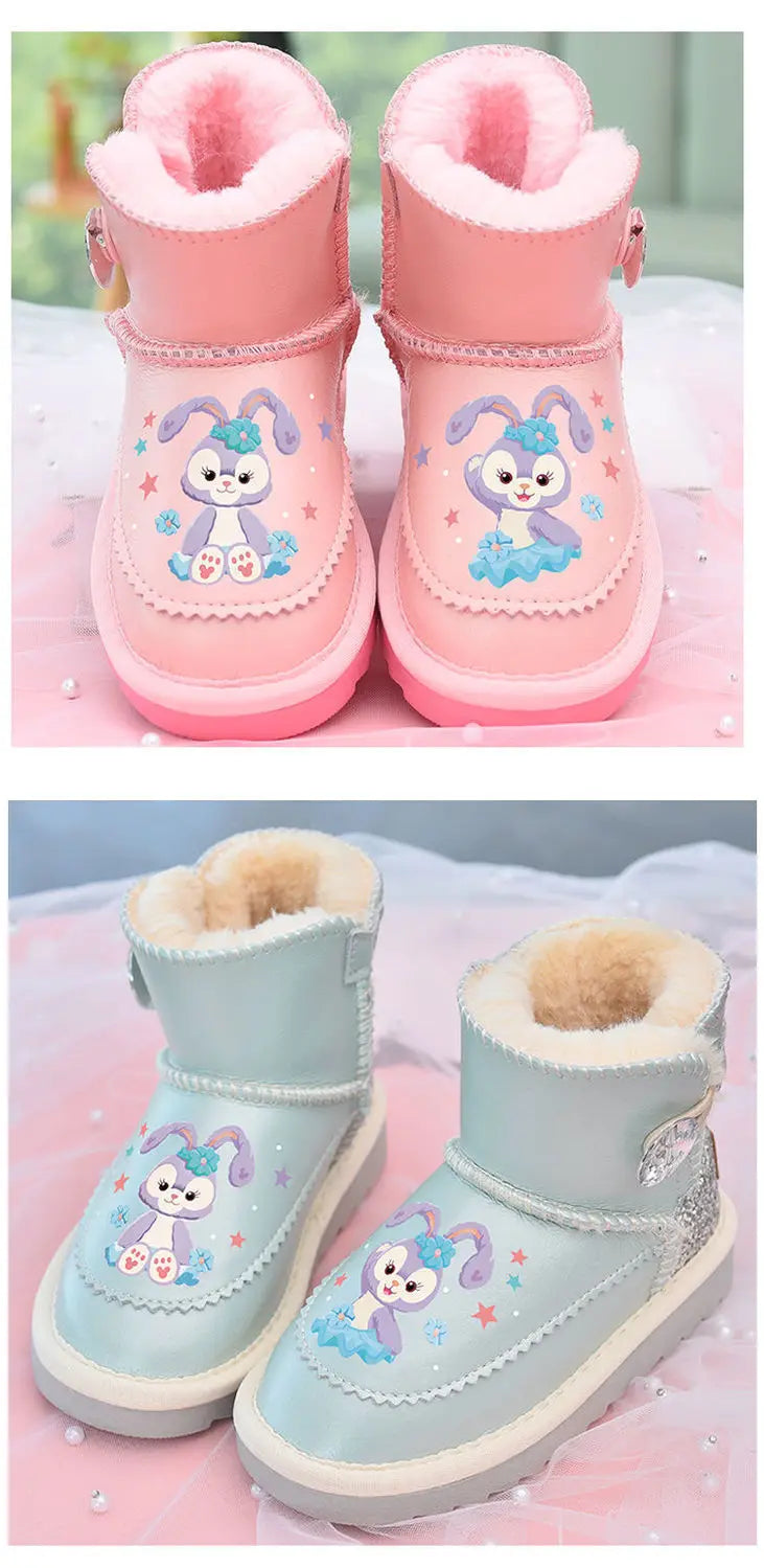 Disney Girls' Snow Boots Genuine Leather StellaLou Cartoon Waterproof Winter Children's Shoes Baby Girls' Thickened Ankle Boots