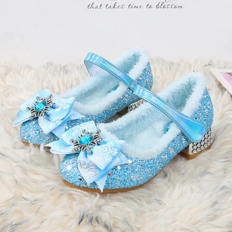 Disney Elsa Girls' High Heel Bowknot Blue Pink Fashion Children's Girl Crystal Princess Warm Winter Shoes Gift Size 23-36