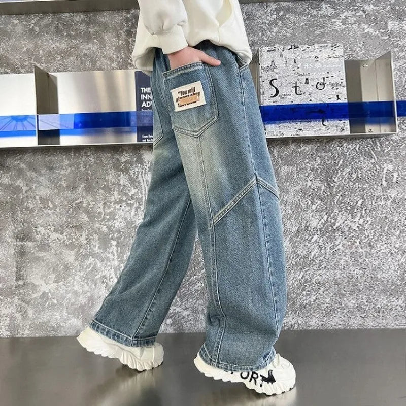 Boys' Jeans Spring Autumn Loose Straight Leg Stylish Versatile Long Pants Hot Sale Ages 7-14