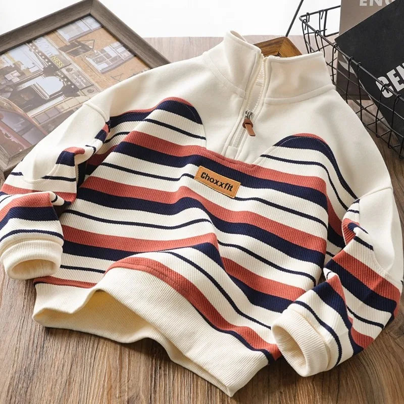 Boys' 7-8Y Striped Stand Collar Zipper Sweatshirt - Kids' Casual Top