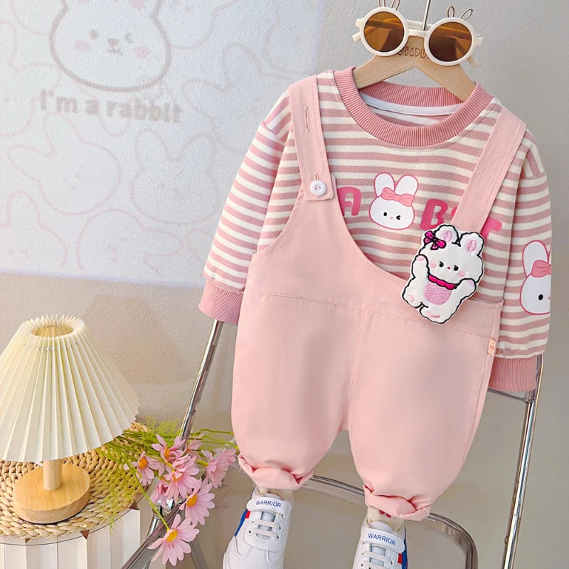 New Autumn Baby Girls Clothes Set Children Boys Striped T-Shirt Overall 2Pcs/Set Kids Clothing Infant Costume Toddler Tracksuits