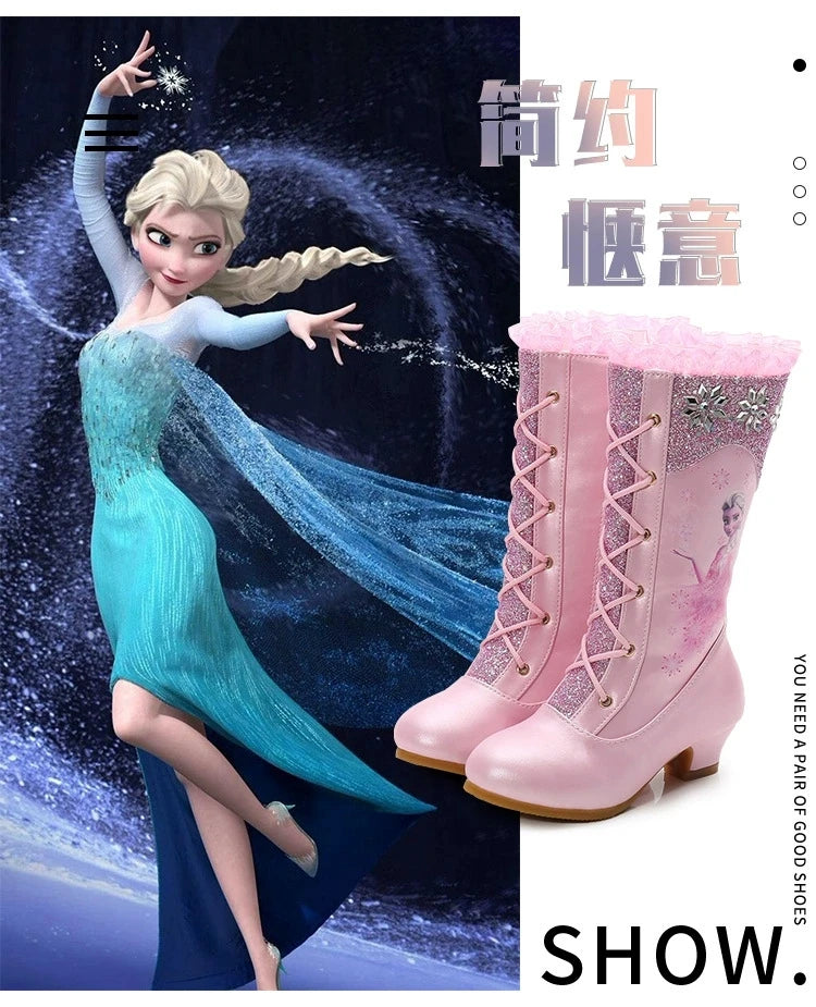 Disney Girls High Heel Boots Winter Children's Long Sleeved Plush Snow Warm Boots Princess Elsa Pink Blue Boots Size 27-37