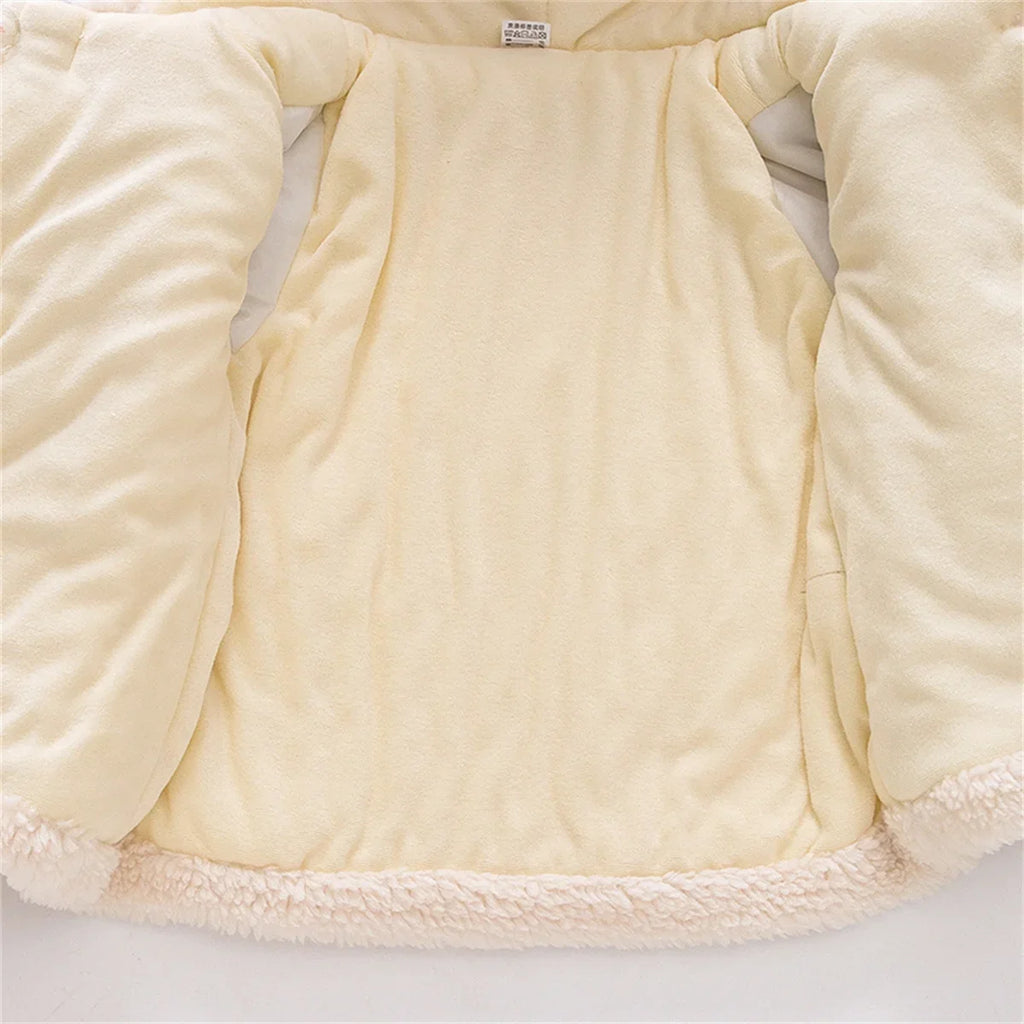 (0-3 Years Old Girls) Winter New Girls' Top Warm Furry Hat Bow Ribbon Warm Cute Hooded Bear Ears Long Sleeve Pocket