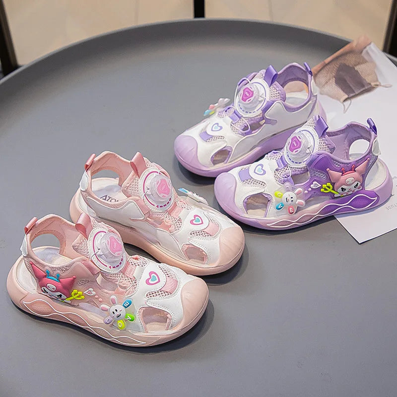 Sandals Girls Cartoon PU Leather Summer Fashion Outdoor Flat Bottom Breathable Anti-slip Pink Purple Size 26-37