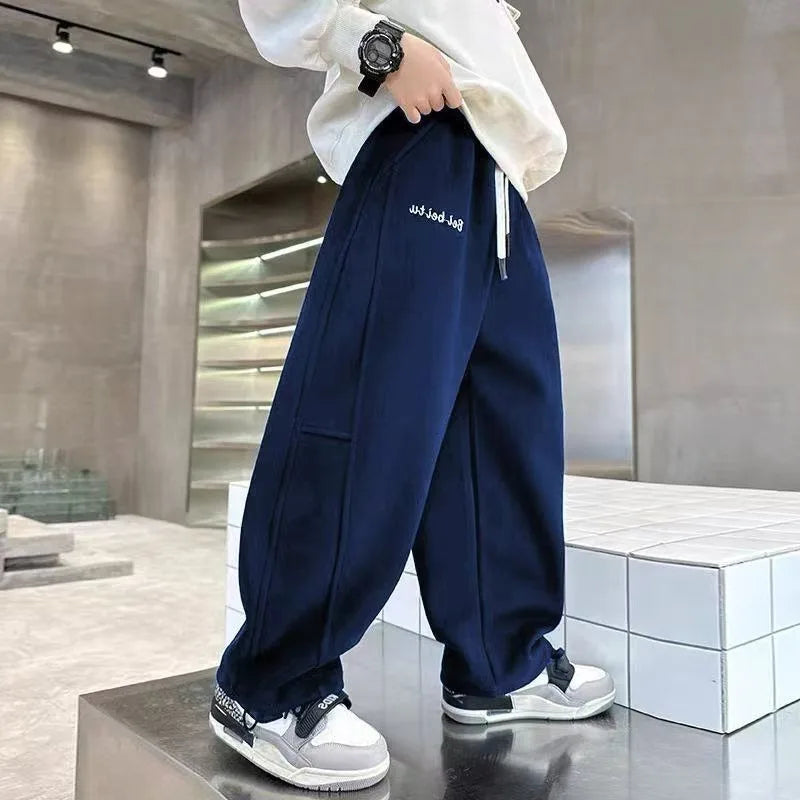2025 New Style Boys Wide-Leg Sports Pants for 8-14 Years Kids Spring Autumn Kids Sweatpants Stylish Loose Fit Breathable Cotton