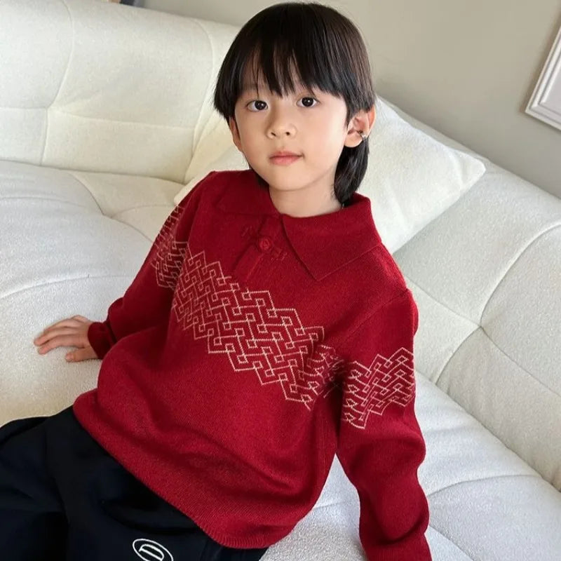 Boys' Red POLO Knit Sweater 2025 Autumn/Winter New Big Kids New Year Outfit Traditional Chinese Style Warmth Crossover Sweater