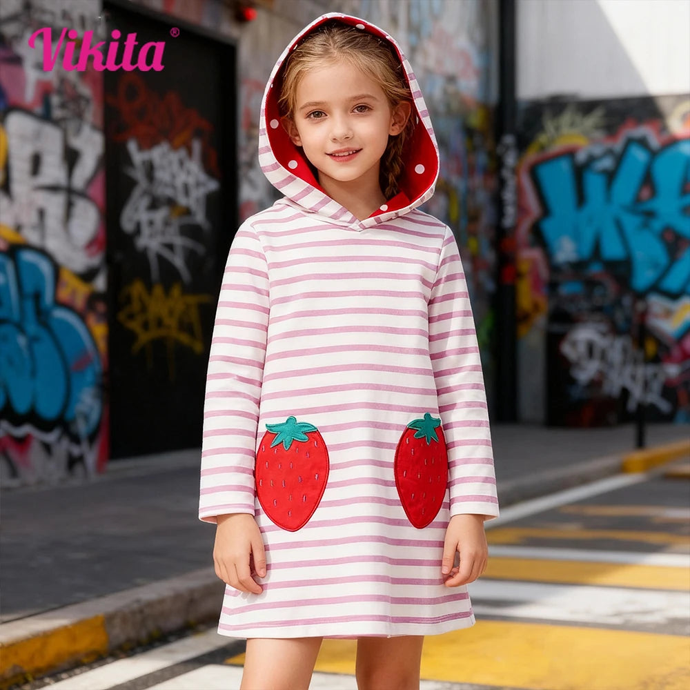 VIKITA Girls Autumn Hoodies Strawberry Pink Striped Straight Dresses Kids Sports Street Fashion Casual Cotton Hoodies Dress