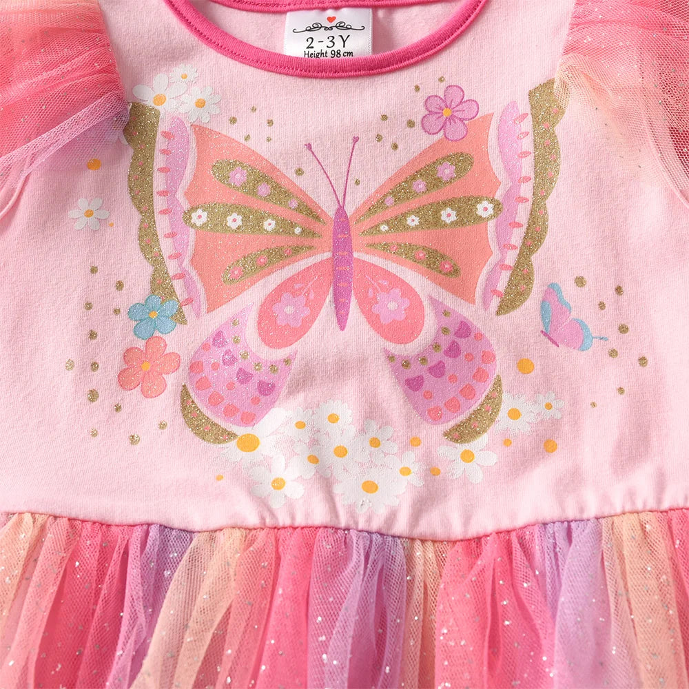 VIKITA Girls Pink Butterfly Print Layered Princess Dress Kid Flutter Sleeves Gradient Cute Fashion Summer Dress Kids Costumes