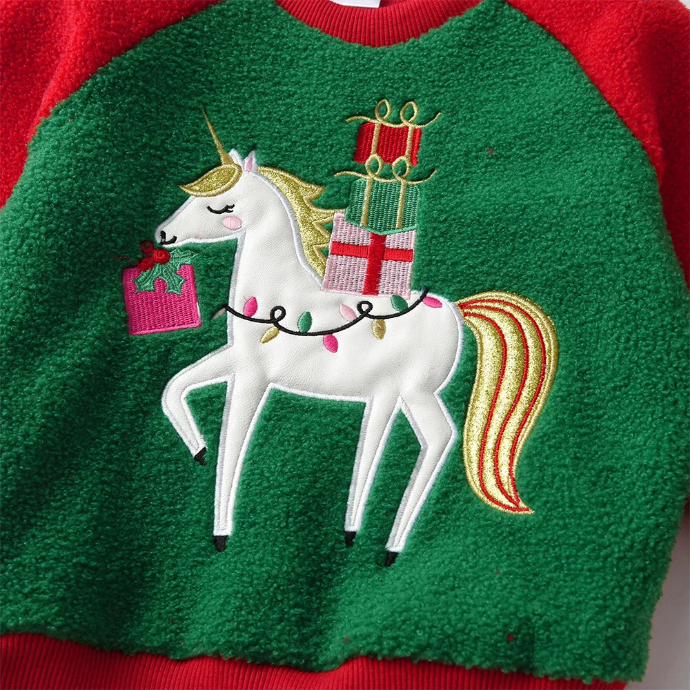 VIKITA Girls Festive Fleece Sweatshirt Kids Christmas Unicorn Appliqued Winter Cozy Pullover Girls Holiday Party Tops Costumes