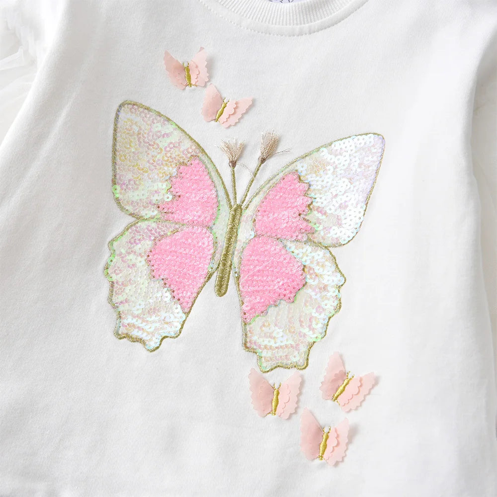 VIKITA Girls Cotton Casual Sports Sweatshirt Kids Butterfly Sequined Appliqued Flare Sleeve Cartoon Outerwear Children Clothing