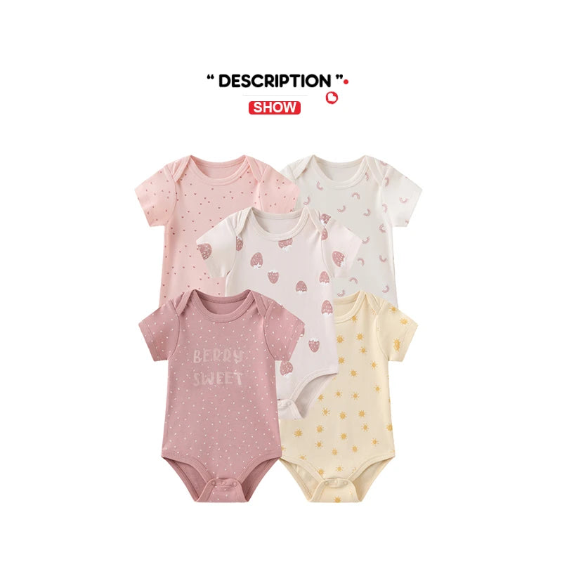 Kiddiezoom Summer 5 Piece Fashion Cartoon Boys and Girls Bodysuits 100% Cotton Soft Newborn Bodysuit Set