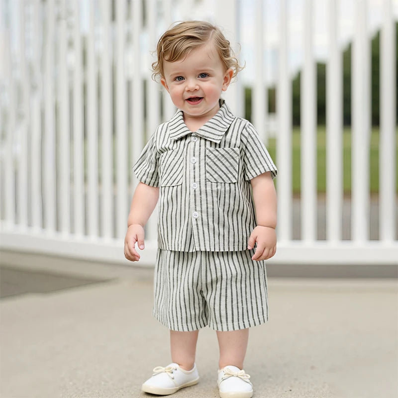 Infant Boy s 2-Piece Outfit Set with Striped Collared Shirt and Elastic Waist Shorts for Summer Wear Toddler Baby Boy Clothes