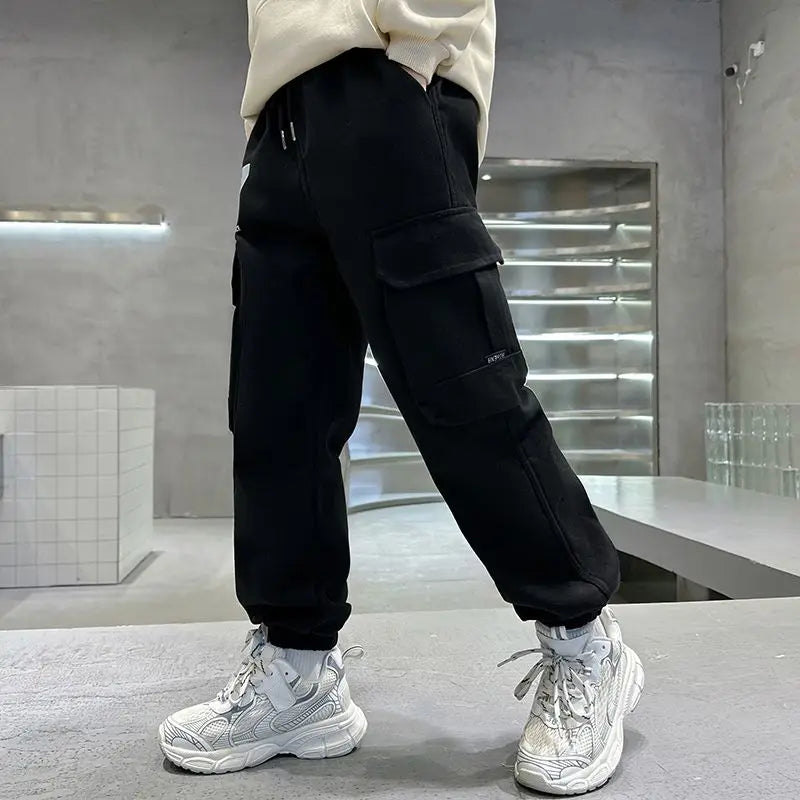 Boys Cargo Pants Spring Autumn Fleece-Lined Kids Casual Loose Long Pants Stylish Warmth Outdoor Playwear