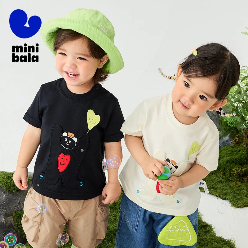 Mini Bala Boys And Girls Kids Short Sleeve T-Shirt 2025 New Spring White Black Baby Pure Cotton Top for Daily Life Casual