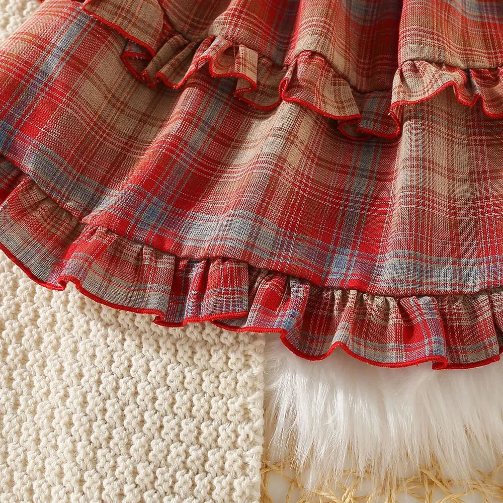 2Pcs/SetGirl's Dress Summer New Children's French Sweet Sling Dress Little Girl Red Checkered Cake Dress Comes with Hat