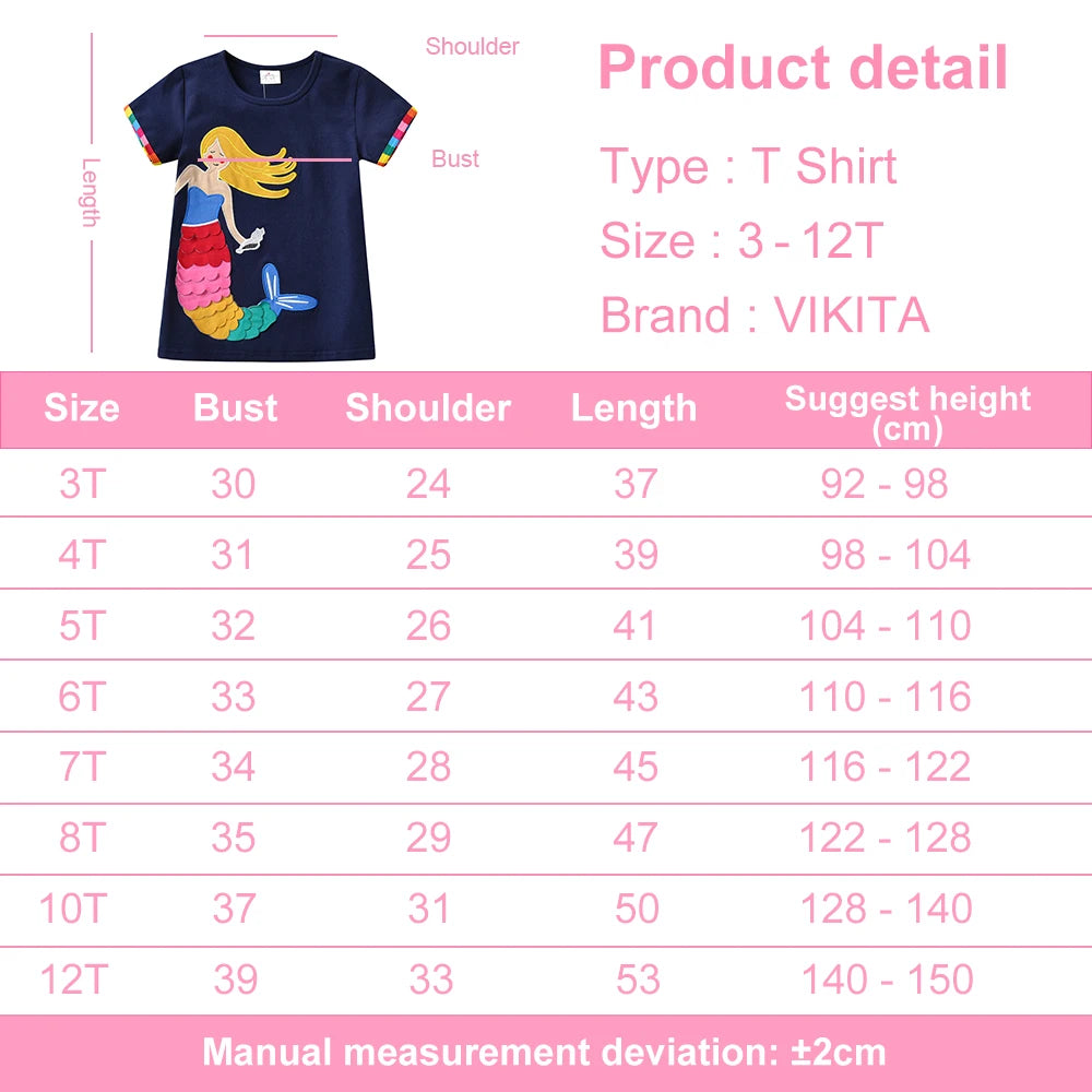Toddlers Short Sleeve Colorful Mermaid Appliqued T Shirt Kids 100% Cotton Casual T Shirts Girls Beach Vacation Summer Tops Wear