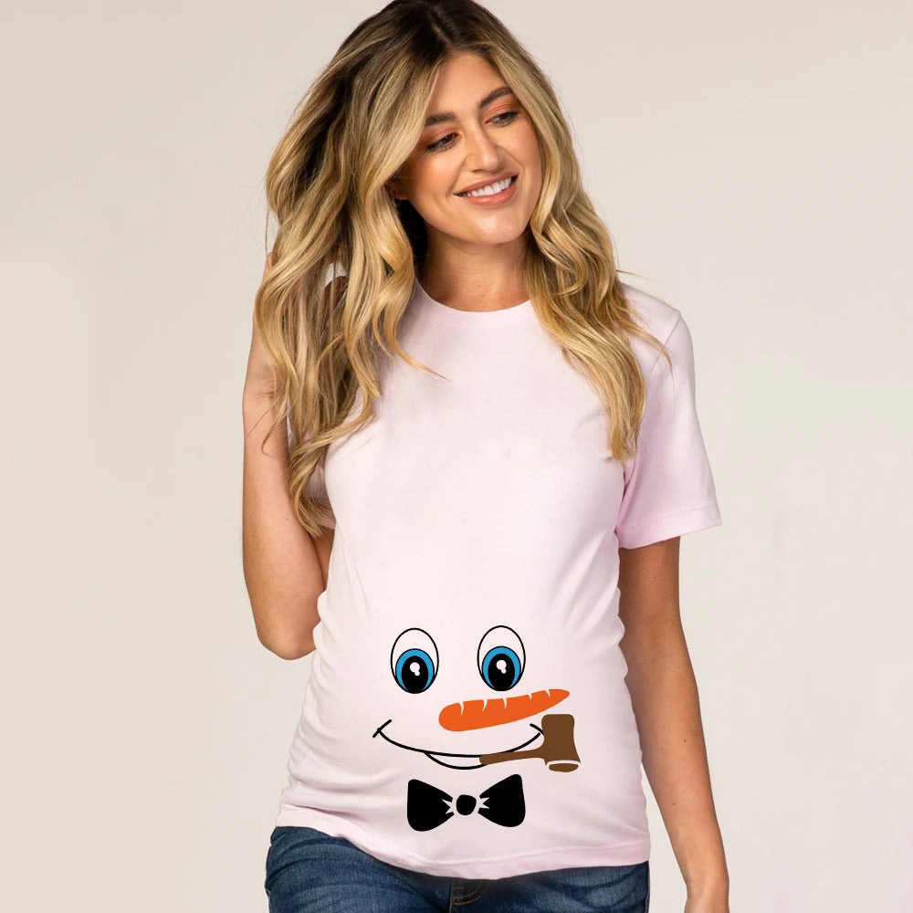 Christmas Pregnant Women T-shirt Snowman Cartoon Printed T Shirt Pregnancy Announcement Clothes Maternity White Short Sleeve Top