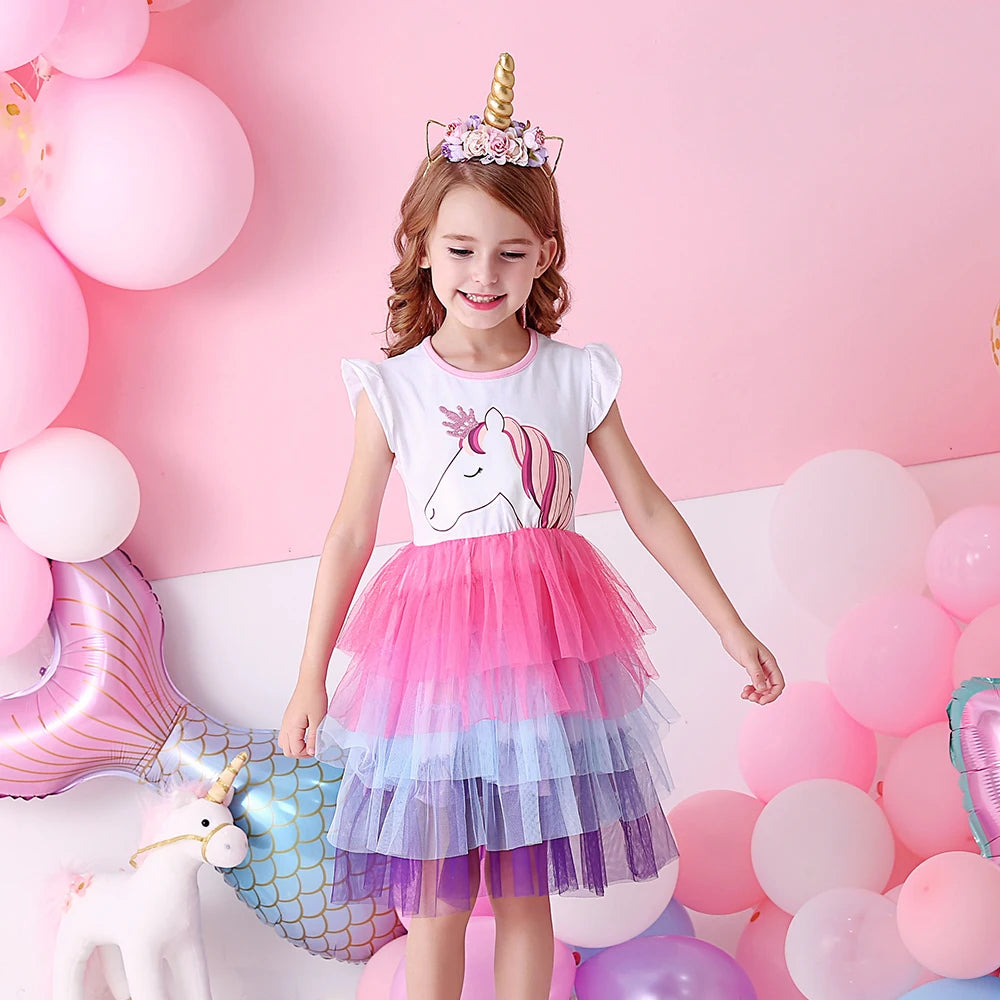 VIKITA Girls Tutu Dress Toddlers Summer Flare Sleeve Princess Dresses Girl Unicorn Cartoon Party Layered Dress Children Clothing