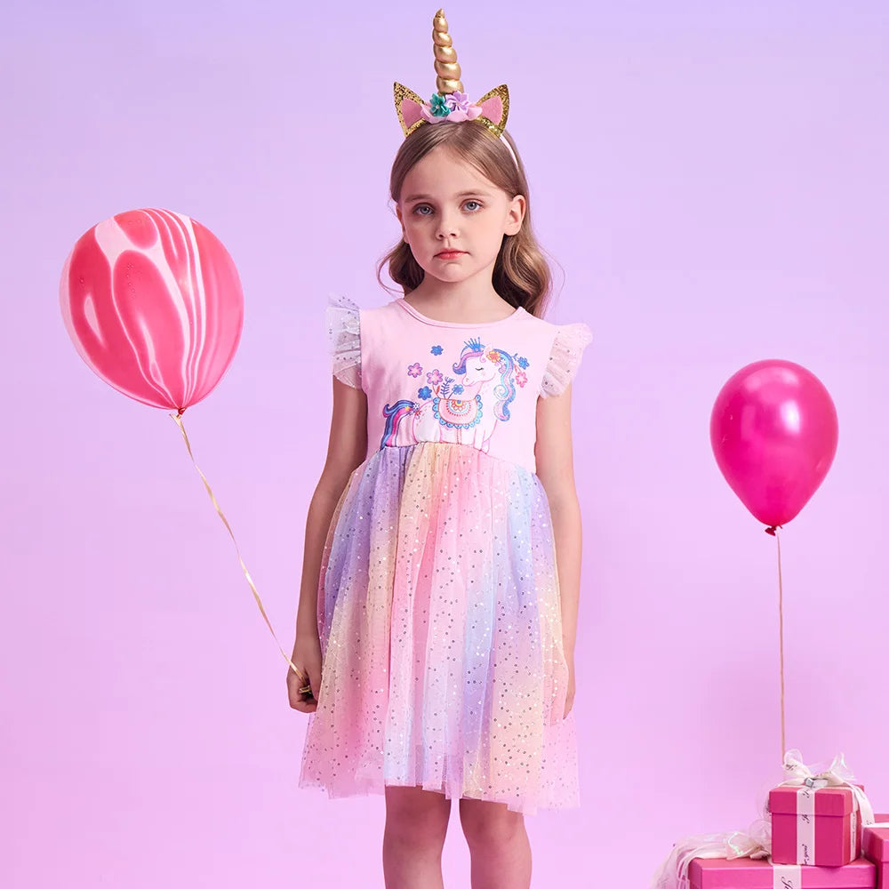 VIKITA Kids Flare Sleeve Summer Dress Girls Unicorn Flower Print Dresses Girls Pink Princess Birthday Party Gradient Cute Dress